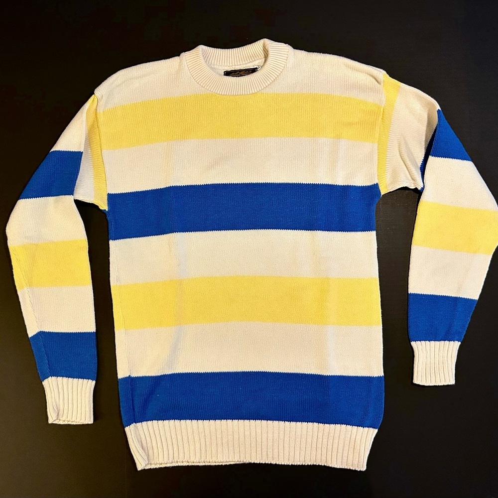 Eddie Bauer Vintage Men's Crewneck Sweater in Blue, Yellow, and White Stripes